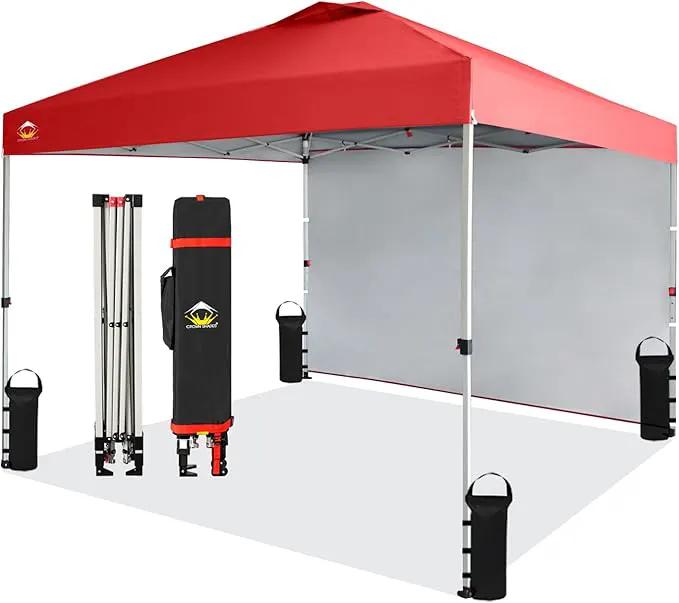 CROWN SHADES 10x10 Pop Up Canopy with 1 Side Wall - Beach Tent with One Push Setup - Outdoor Sun Shade for Events, Parties, Camping - Gazebo with STO-N-Go Cover Bag (Red) by GreenHaven Gardens