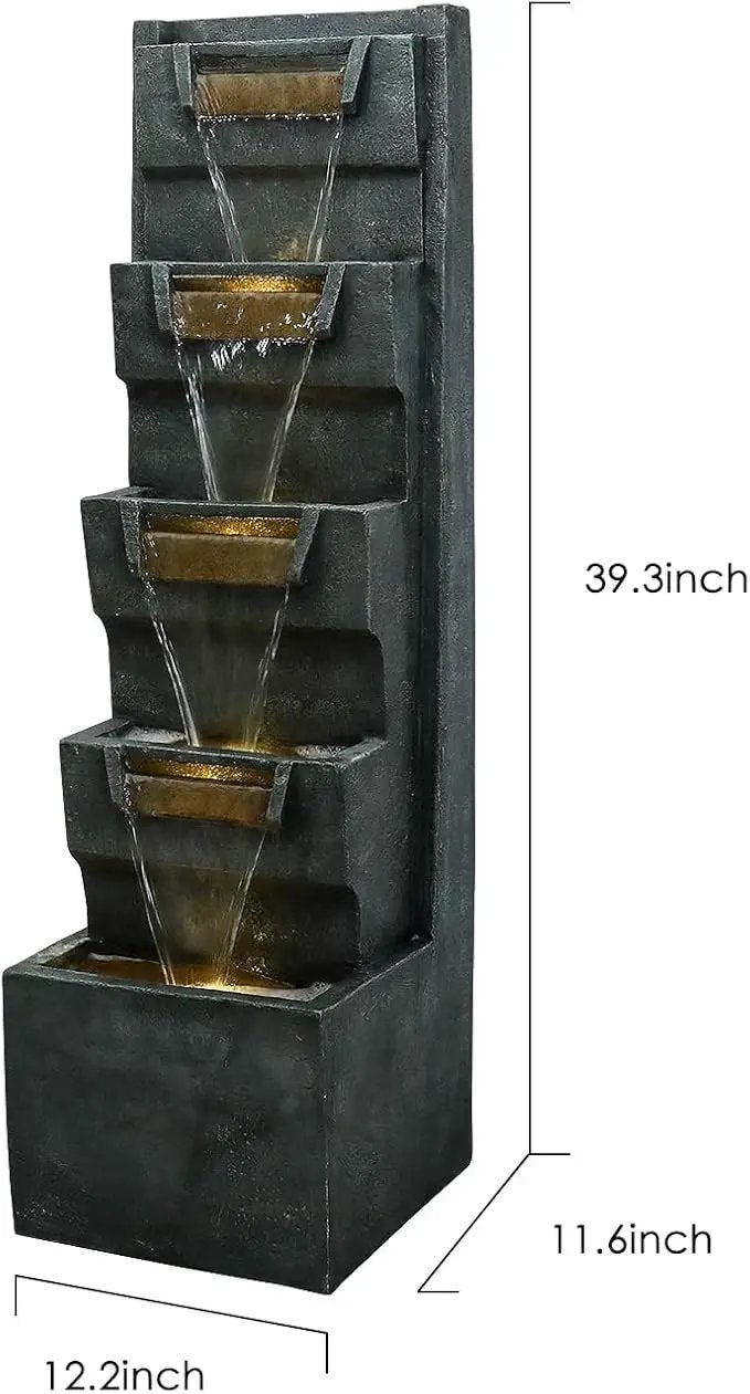 SunJet 4-Tiers Modern Cascading Indoor/Outdoor Fountains and Waterfalls with LED Lights - 39.3" High Large Water Fountain for Garden, Patio, Yard, and Deck Decor - Relaxing Water Fountain Outdoor by GreenHaven Gardens