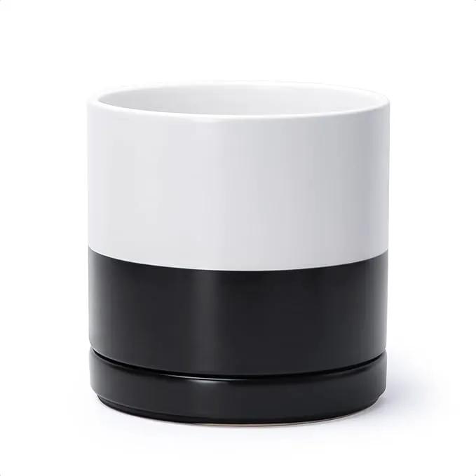 D'vine Dev 8.2 Inch Ceramic Planter Pot with Drainage Hole and Saucer, Indoor Cylinder Round Planter Pot, Layered Monochrome Black & White, 94-O-D-L by GreenHaven Gardens