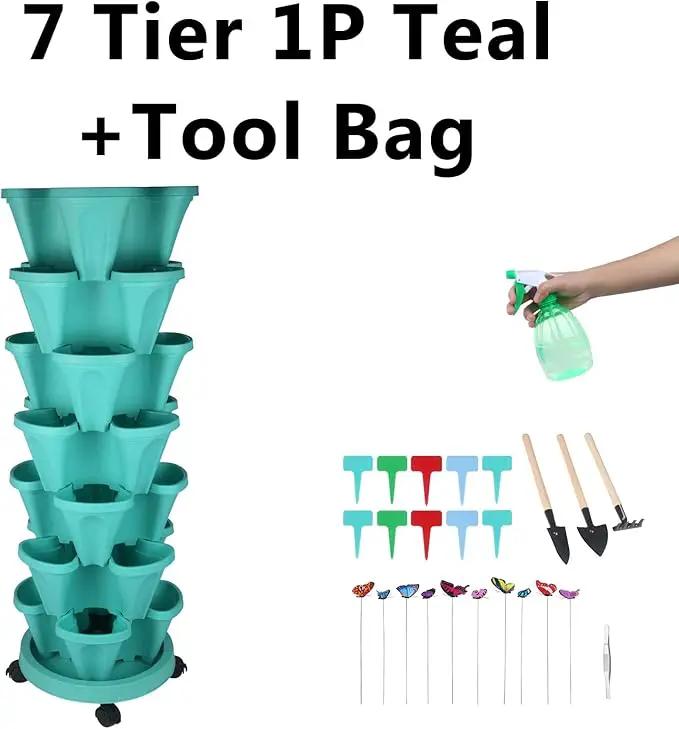 Vertical Planter, 7 Tier Stackable Strawberry Planter with Garden Tool Set, Movable Indoor/Outdoor Garden Herb Pot for Growing Vegetables and Succulents, Teal by GreenHaven Gardens