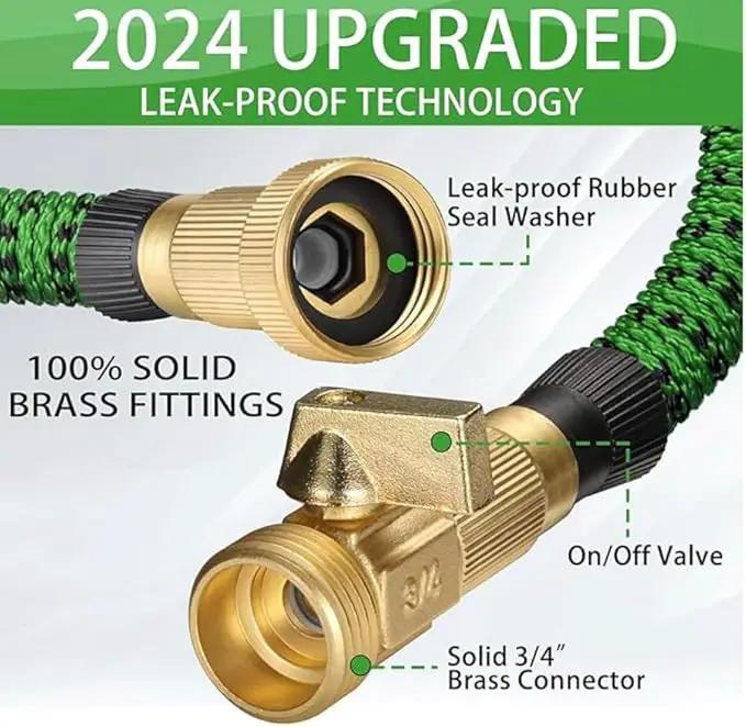 J&B XpandaHose 100ft Expandable Garden Hose with Holder - Heavy Duty Superior Strength 3750D - 4 -Layer Latex Core - Extra Strong Brass Connectors and 10 Spray Nozzle w/Storage Bag (Green 100) by GreenHaven Gardens