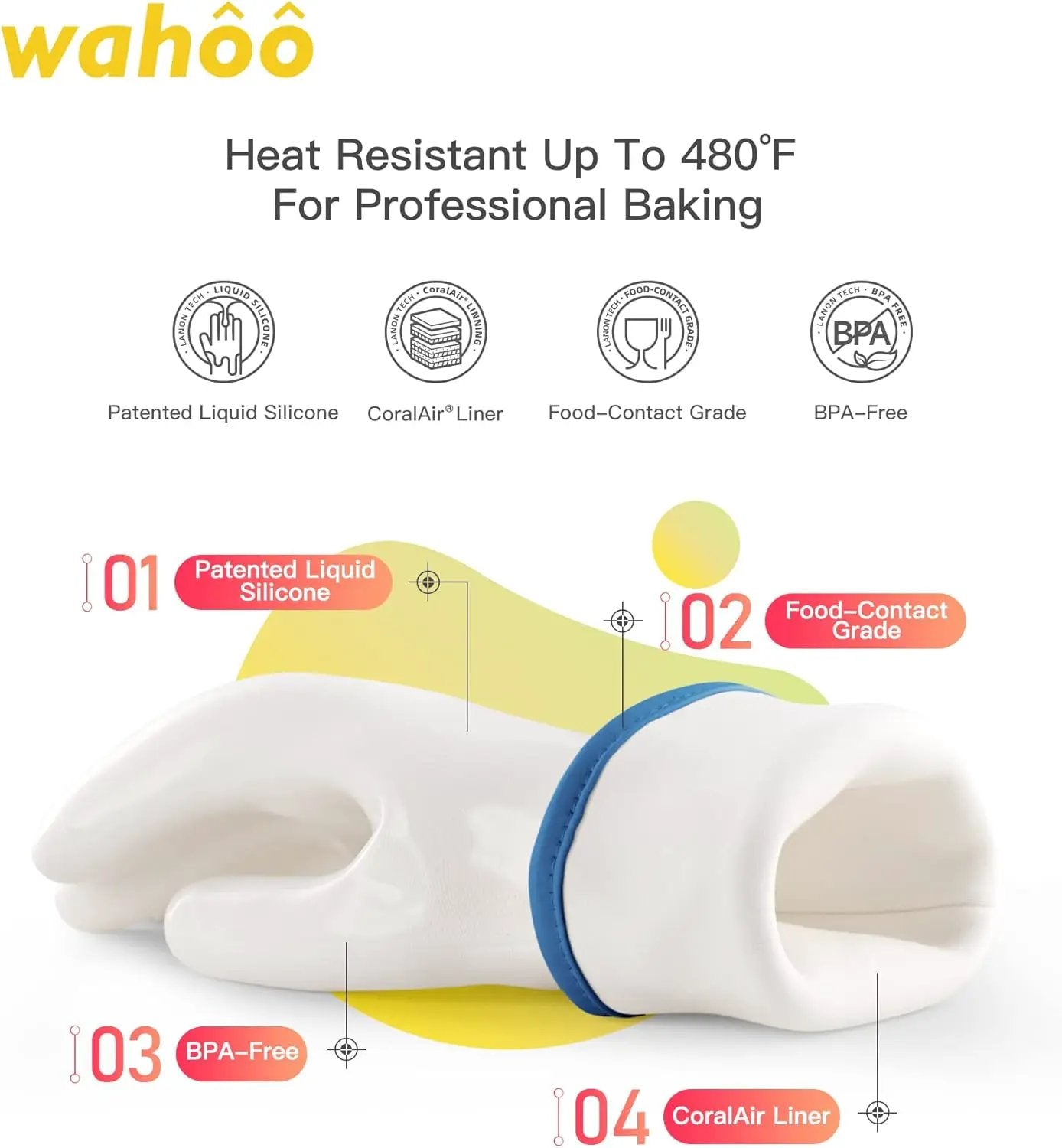 wahoo Professional Liquid Silicone Oven Mitts Gloves, Heat Resistant Gloves for Cooking, Baking, CoralAir Liner, 12 Inch, White, XXL by GreenHaven Gardens