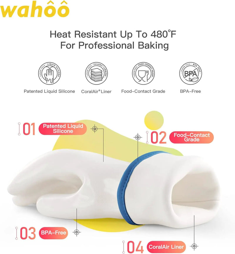 wahoo Professional Liquid Silicone Oven Mitts Gloves, Heat Resistant Gloves for Cooking, Baking, CoralAir Liner, 12 Inch, White, XXL by GreenHaven Gardens