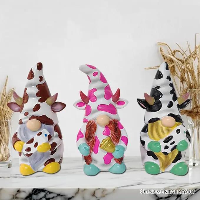 Spring & Summer-Themed Garden Statues – Adorable Outdoor Decor for Lawn, Patio & Porch (Cow Gnome Trio Mini Statue Set of Three, 5" Miniature Figurine and Unique Farm Resin Garden Statue) by GreenHaven Gardens