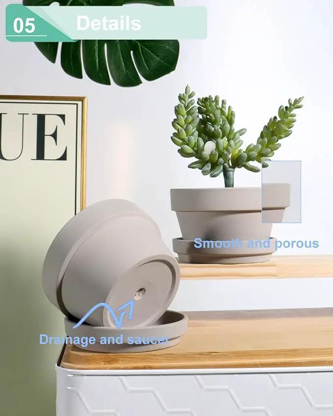 vensovo 5.7 Inch Grey Terracotta Shallow Succulent Pots - 6 Pack Terra Cotta Clay Pot with Saucer, Cacuts Indoor and Outdoor Planters with Drainage Hole by GreenHaven Gardens