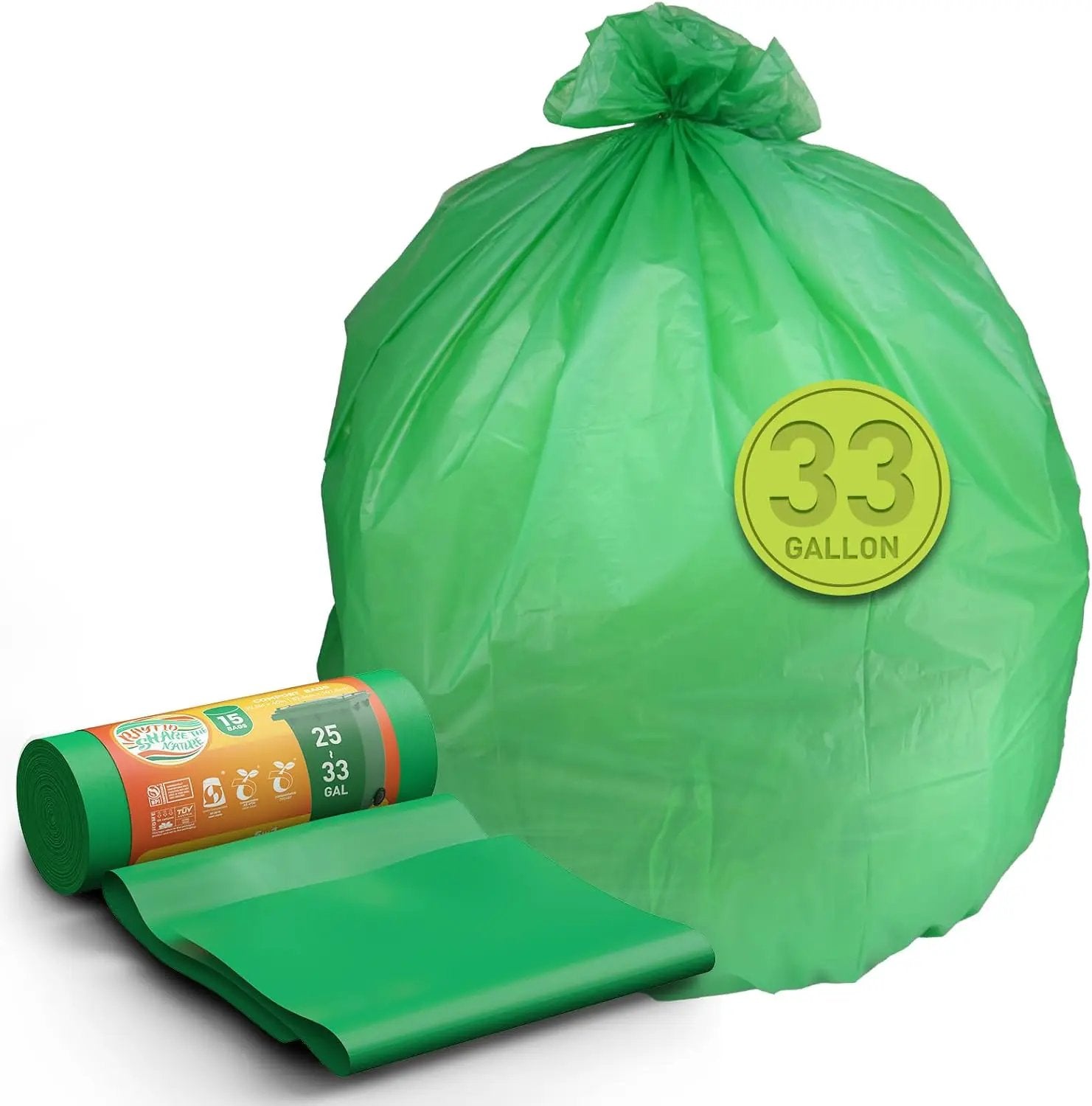 Compostable 33 gallon Large Garbage Bags,15 Count, Fits 33-36 gallon trash can, Extra Strong and Durable,Compostable Lawn & Leaf Yard Waste bags,ASTM D6400,Bpi Certified&OK compost HOME certified by GreenHaven Gardens