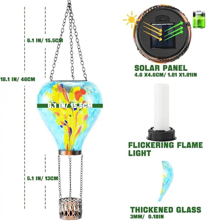 Hot Air Balloon Solar Lantern - Stained Glass Lantern with Simulated Flickering Flame, Outdoor Hanging Yard Light Waterproof IP65 & Weather Resistant for Garden Patio Lawn Porch Decor Gfit by GreenHaven Gardens