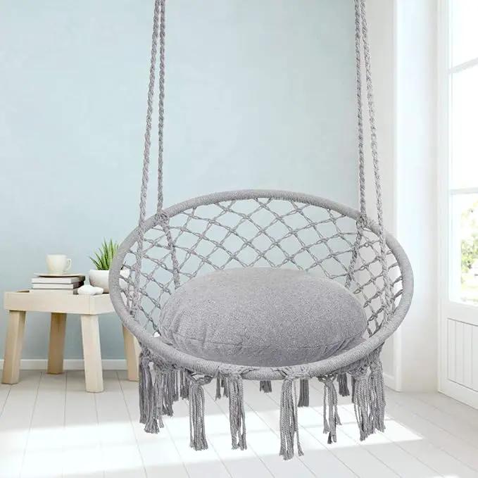 Y- STOP Hammock Chair Macrame Swing, Max 330 Lbs, Hanging Cotton Rope Hammock Swing Chair for Indoor and Outdoor Use, Light Grey by GreenHaven Gardens