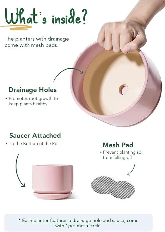 LE TAUCI Ceramic Plant Pots, 4.3+5.3+6.8 inch, Set of 3, Planters with Drainage Hole and Saucer, Indoor Flower Pot with Hole Mesh Pad, Gifts for Mom, Pink by GreenHaven Gardens
