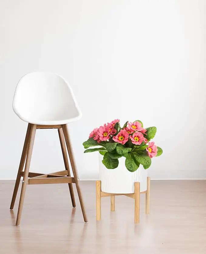 LaDoVita Ceramic Plant Pot with Stand, 10 Inch Planter with Wood Shelf, Modern Round Flower Pots Indoor with Wood Planter Holder, White Water Ripple Pattern by GreenHaven Gardens
