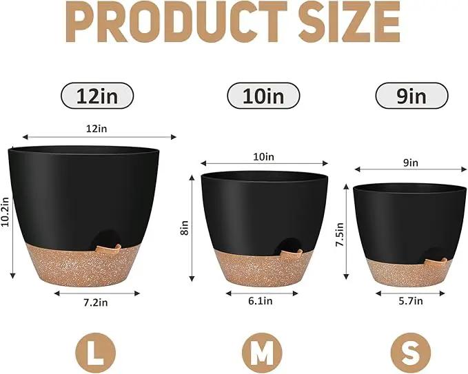 12" 10" 9" Large Self Watering Plant Pots, 3 Pack Flower Pots Planters with Multi Mesh Drainage Holes for Indoor Outdoor Garden Plants and Flowers (Black) by GreenHaven Gardens