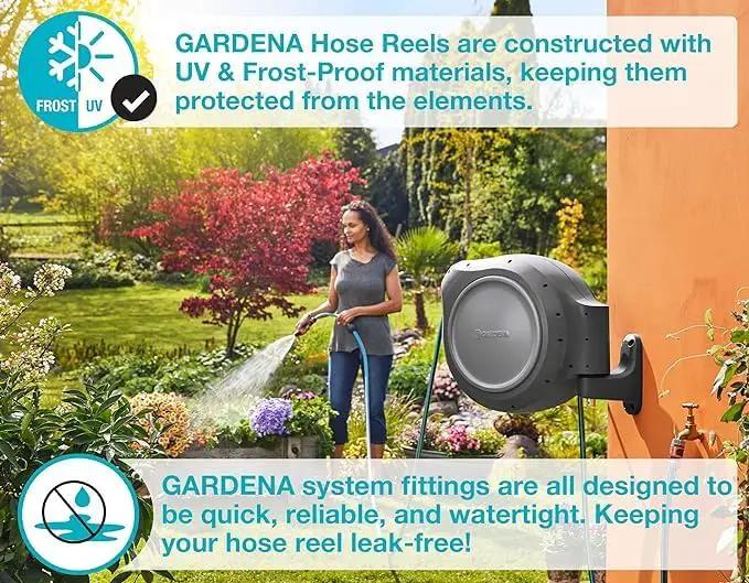 GARDENA 20502, Retractable Garden Hose Reel 75' x 1/2" hose, Wall Mounted, Automatic Retraction & Length Lock for Easy Watering. Heavy Duty Swivel Bracket 180°, Includes Nozzle. Made in Europe by GreenHaven Gardens