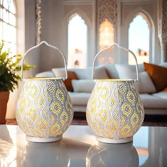 TRIROCKS Set of 2 Moroccan Decorative Lamps 8'' High Battery Powered Cordless Lamp Metal Table Lamps with Fairy Lights Bulb for Home Living Room Garden Yard Party Events Tabletop Indoor Outdoor(White) by GreenHaven Gardens