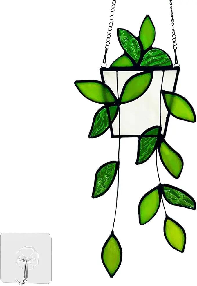 Royxen Stained Glass Window Hanging Green Plants Artificial Deocr Faux Plant Suncatchers, Gift for Plant Lover by GreenHaven Gardens
