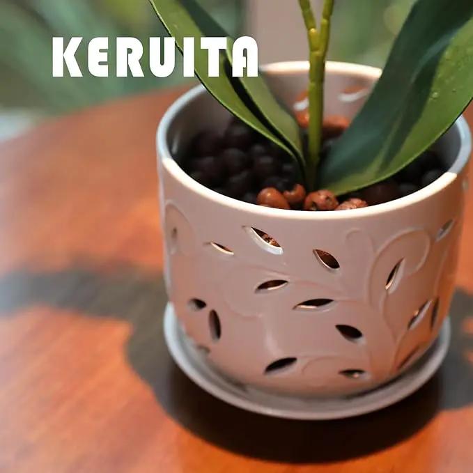 KERUITA Orchid Pots with Holes,6 inch + 5 inch Ceramic Planters Set of 2 with 2 Bottom Tray, Enhanced Drainage and Ventilation,White Flower Pots for Indoor/Outdoor Plants for Repotting by GreenHaven Gardens