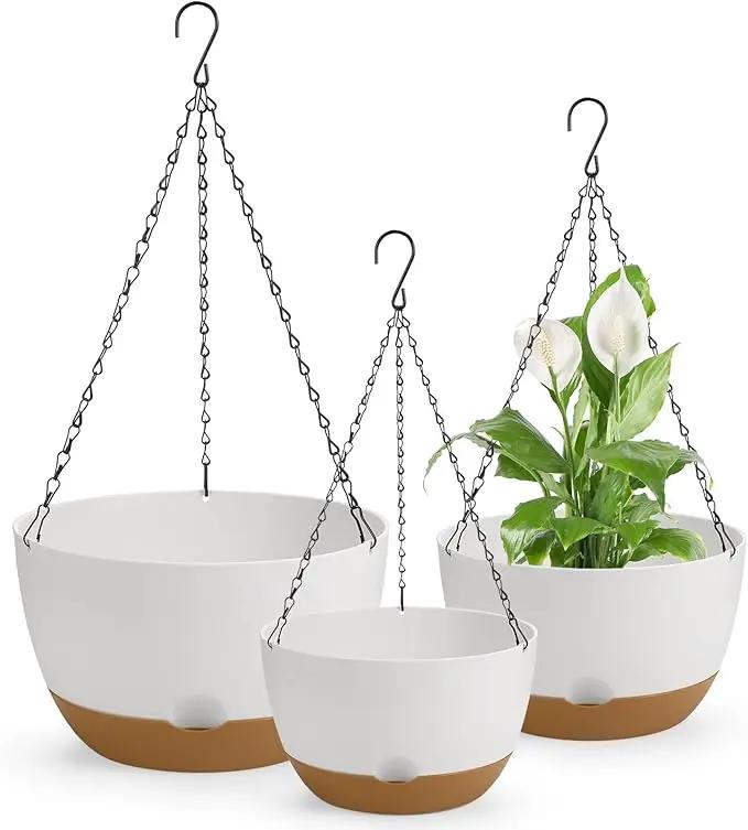 12/10/8 Inch Hanging Planter, Hanging Plastic Plant Self Watering Pot with Drainage Holes and Saucers, Hanging Baskets Flower Pots for Indoor Outdoor Garden Plants and Flowers,Set of 3-White by GreenHaven Gardens