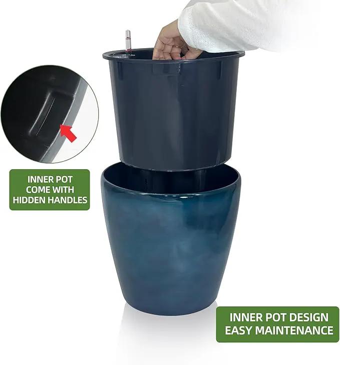 Dexceder 13x12 Self Watering Planter with Wheels Indoor Outdoor, Inner Pot Design, Thickened Large Floor Standing Flower Plant Pot with Water Level Indicator (Grayish Green Gradient) by GreenHaven Gardens