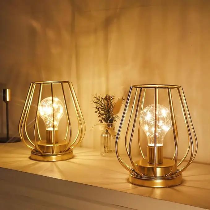 TRIROCKS Set of 2 Metal Battery Operated Lamp 7'' Tall Cage Shape Cordless Table Lamp Battery Lanterns with Warm Fairy Lights Bulb for Patio Garden Wedding Parties Indoor Outdoor(Gold) by GreenHaven Gardens