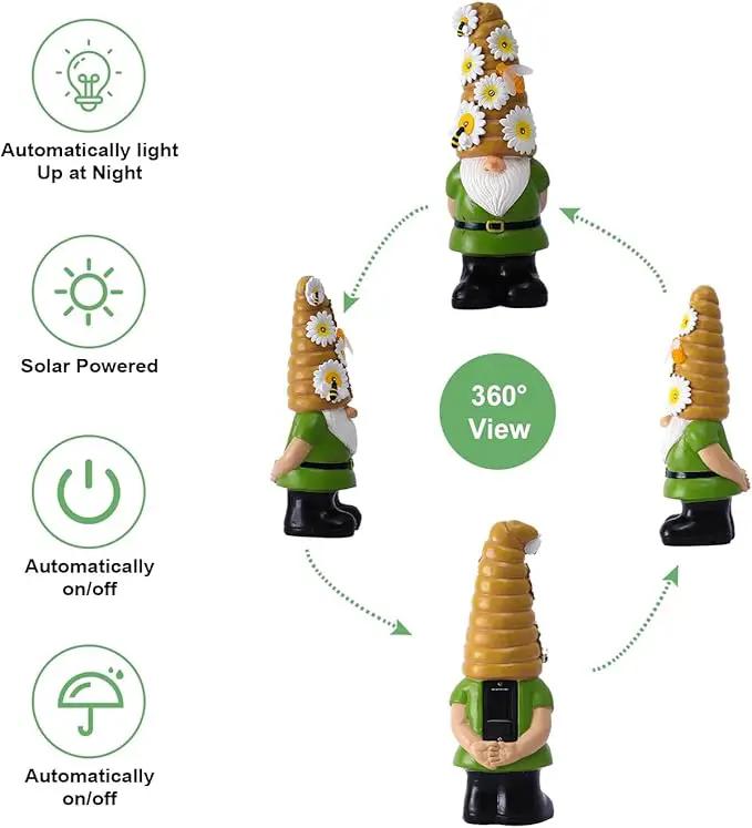 Solar Gnome Garden Statue for Decor: Outdoor Figurines Sculpture with Lights and Bee for Lawn Patio Yard Balcony - Gifts for Mom Women by GreenHaven Gardens