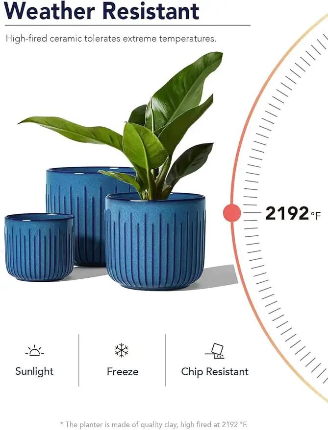 LE TAUCI Ceramic Pots for Plants, 8.3+6.9+5.7 inch Plant Pots Indoor, Flower Pots with Drainage Holes, Medium Cylinder Planters Pot for Indoor House Plants, Set of 3, Glaze Ocean Blue by GreenHaven Gardens