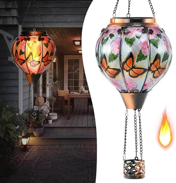 Hot Air Balloon Solar Lantern - Butterfly Stained Glass Lantern with Simulated Flickering Flame, Outdoor Hanging Yard Light Waterproof IP65 & Weather Resistant for Garden Patio Lawn Porch Decor Gfit by GreenHaven Gardens