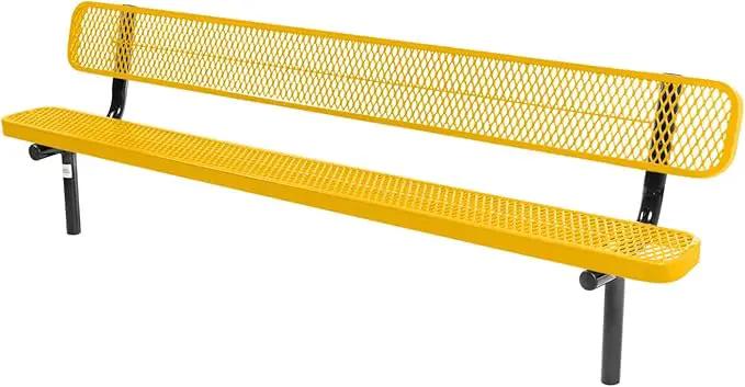 Heavy-Duty Outdoor Bench Thermoplastic Coated, Expanded Metal, Commercial-Grade Seating, Made in America (Inground with Back, 8 Ft, Textured Yellow) by GreenHaven Gardens