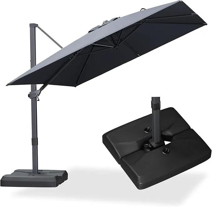 PURPLE LEAF 9' × 9' Patio Cantilever Umbrella with Base Outdoor Square Adjustable Offset Umbrellas with 360-degree Rotation and 8 Heavy Duty Metal Ribs for Garden Deck Pool Grey by GreenHaven Gardens