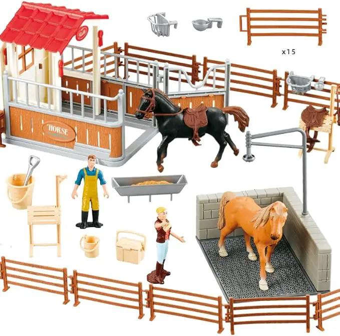 Peagrav Horse Stable Playset with Rider, Wash Area, Fence & Animal Figures - Gifts for Girls & Boys Aged 3-8 by GreenHaven Gardens