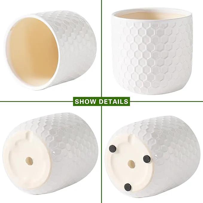 Docrin Ceramic Planters Indoor: 8 Inch Plant Pot with Drainage Holes for Home/Office - White Honeycomb by GreenHaven Gardens