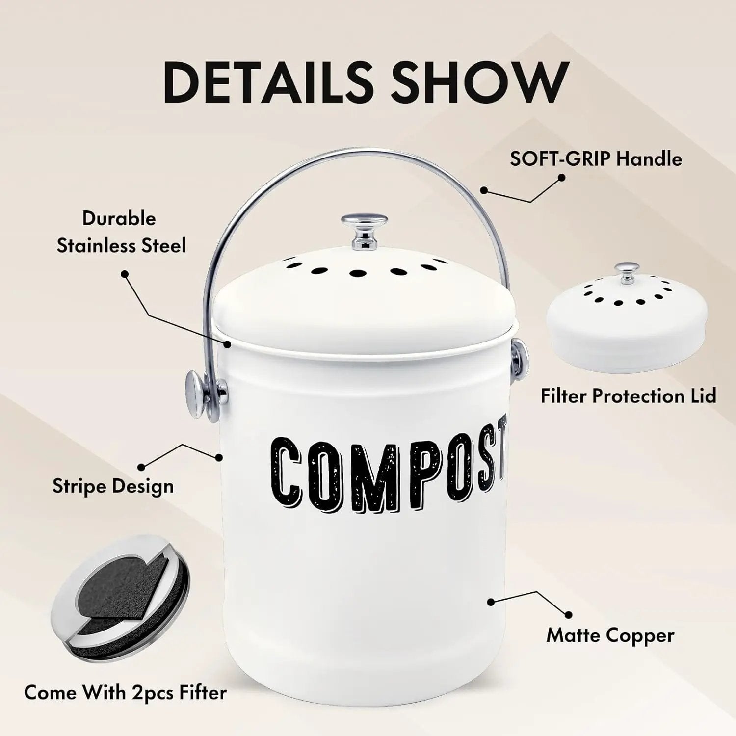 Compost Bin Kitchen, ENLOY Countertop Compost Bin with Lid Use for Kitchen Food Waste, Powder Coated Rust Proof Odorless Compost Bucket, 1.3 Gallon, White by GreenHaven Gardens