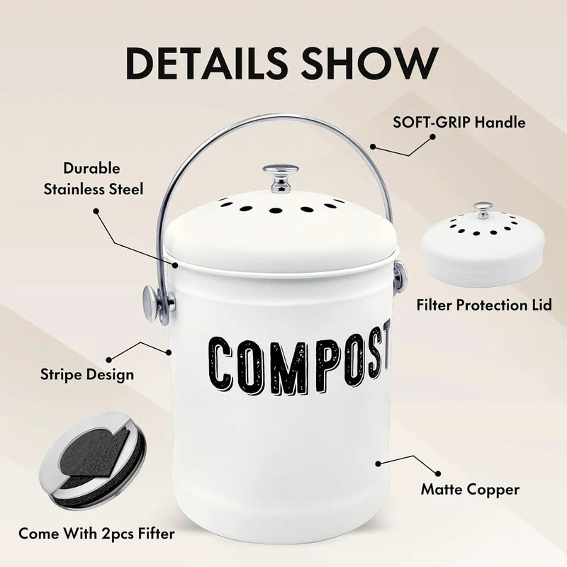 Compost Bin Kitchen, ENLOY Countertop Compost Bin with Lid Use for Kitchen Food Waste, Powder Coated Rust Proof Odorless Compost Bucket, 1.3 Gallon, White by GreenHaven Gardens
