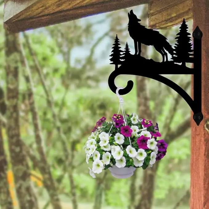 Peacoblue Iron Plant Hangers Hooks for Outdoor Indoor Hanging Plant Flower Fern Pots Lantern Bird Feeder,12"x15" Weather Resistant Metal Wall Holder for Porch Garden Farmhouse(Howling Wolf and Forest) by GreenHaven Gardens