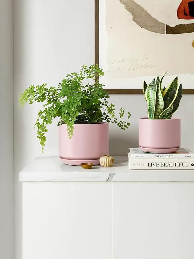 LE TAUCI Ceramic Plant Pots, 4.3+5.3+6.8 inch, Set of 3, Planters with Drainage Hole and Saucer, Indoor Flower Pot with Hole Mesh Pad, Gifts for Mom, Pink by GreenHaven Gardens