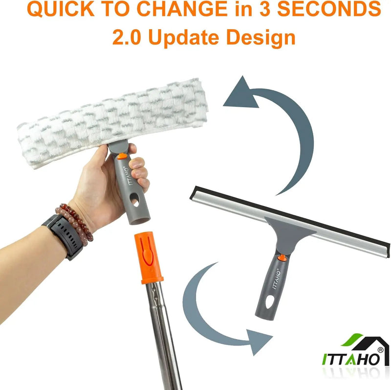 ITTAHO Squeegee for Window Cleaning,12" Squeegee and 11" Microfiber Scrubber Combi with Stainless Steel Pole,Extendable Window Cleaner for Car,Sliding Door,Shower Glass Door-Swivel Style-2 Pads by GreenHaven Gardens