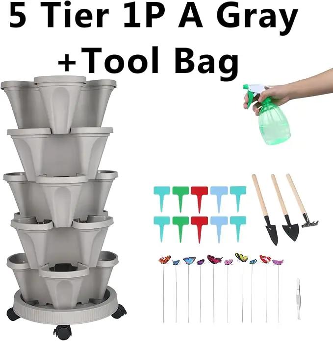 Vertical Planter, 5 Tier Stackable Strawberry Planter with Garden Tool Set, Movable Indoor/Outdoor Garden Herb Pot for Growing Vegetables and Succulents, Gray by GreenHaven Gardens