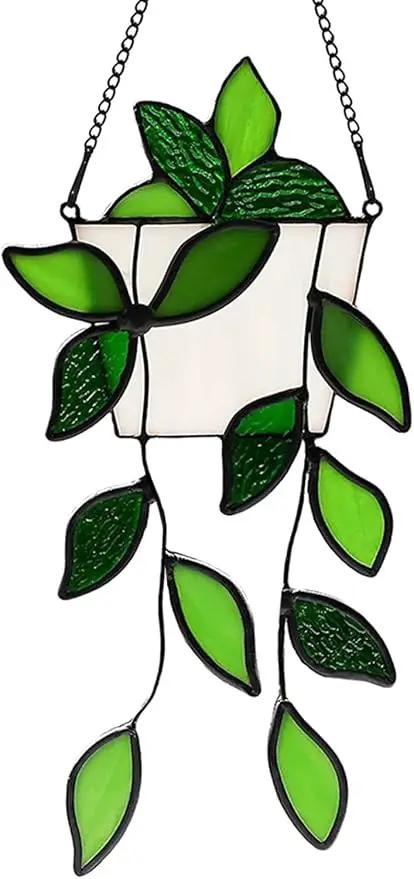 Stained Glass Window Hanging Green Plant Window Suncatcher Handcrafted Green Faux Plant Window Wall Glass Panel Decor for Plant Lovers,Unique Home Indoor&Outdoor Decor by GreenHaven Gardens