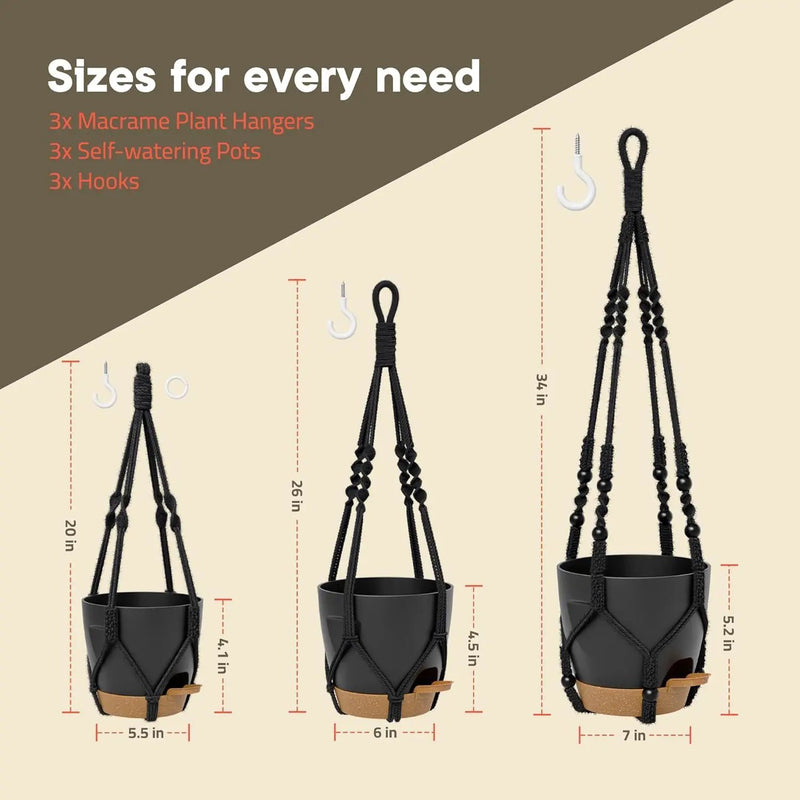Green Hanging Self Watering Pots with Macrame Ivory Rope, 3 Pack Indoor & Outdoor Hanging Plant Pots with Built-in Reservoir, Wick Rope, Drainage Holes & Hooks, Stylish Boho Decor Hanging Planter by GreenHaven Gardens