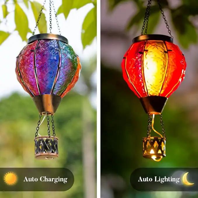 Hot Air Balloon Solar Lantern with Flame Flickering Light LED Glass Hanging Solar Lanterns Outdoor Waterproof Garden Light for Patio Tree Porch Yard Decor Mother’s Day Gift for Women Mom by GreenHaven Gardens