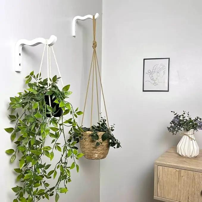 2-Piece Set of Wavy Wooden Wall Planters for Indoor Plants 6 Inch - Natural Plant Hook for Wall Plant, Wind Chimes, Flower Brackets, Patio Garden Decorations - Bracket Plant Hanger (White) by GreenHaven Gardens