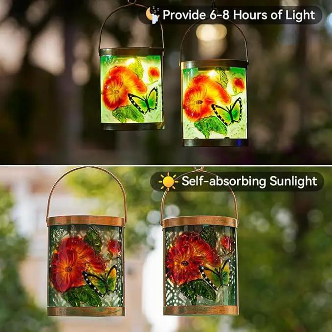Starsoul 2 Pack Hanging Solar Lantern Outdoor Waterproof Glass Butterfly and Flowers Decorative Solar Lights for Outside Garden Yard Table Patio Decor by GreenHaven Gardens