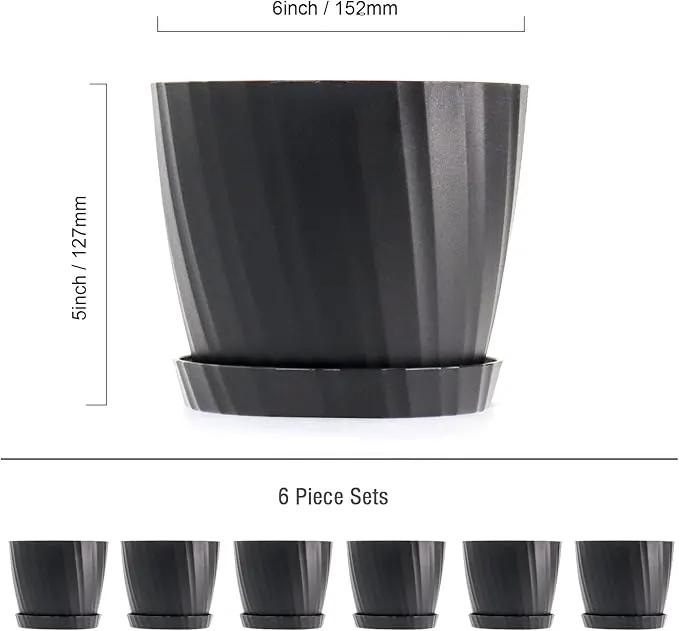 6 Inch Plant Pots Bulk, 6 Pack Plastic Planters with Drainage Holes and Saucers for Indoor Outdoor House Plants and Flowers, Black by GreenHaven Gardens