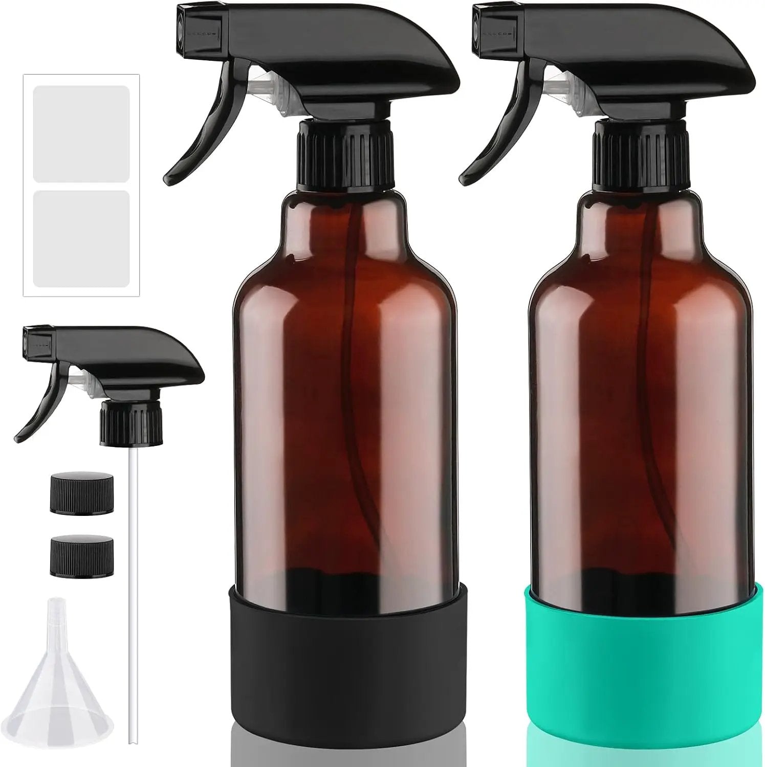 Glass Amber Spray Bottles with Silicone Sleeve, 2 Pack 16.9oz Refillable Containers with Adjustable Spray Nozzles, Empty Spray Bottle for Cleaning Solutions, Hair, Plants, Essential Oils (Black+Green) by GreenHaven Gardens