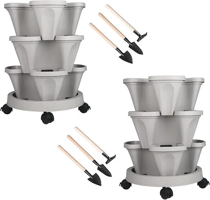 Vertical Planter 3 Tier Stackable Planters Garden Planters Strawberry Herb Flower and Vegetable Planter Indoor Outdoor Gardening Pots with Removable Wheels and Tools 2-Pack by GreenHaven Gardens
