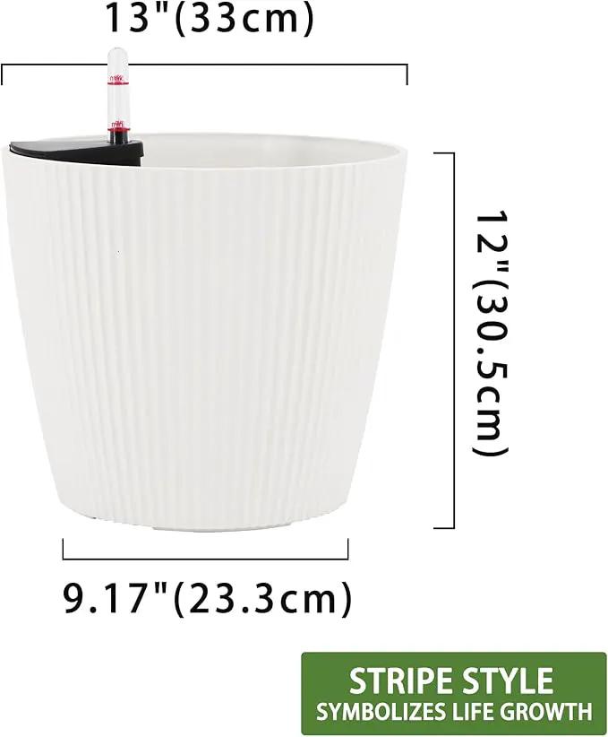Dexceder 13x12 Self Watering Planters Indoor, Inner Mat Design, Floor Standing Flower Plant Pot with Water Level Indicator (2 Pack, White) by GreenHaven Gardens