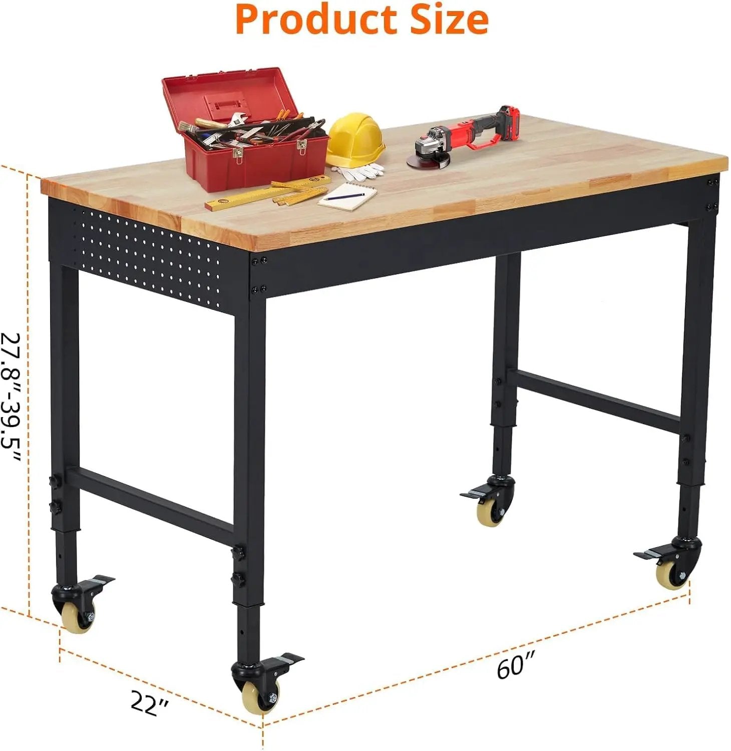 60'' Adjustable Workbench on Wheels, 2000LBS Heavy Duty Worktable with Power Outlets, Rubberwood Workstation for Workshop, Garage, Office, Home by GreenHaven Gardens