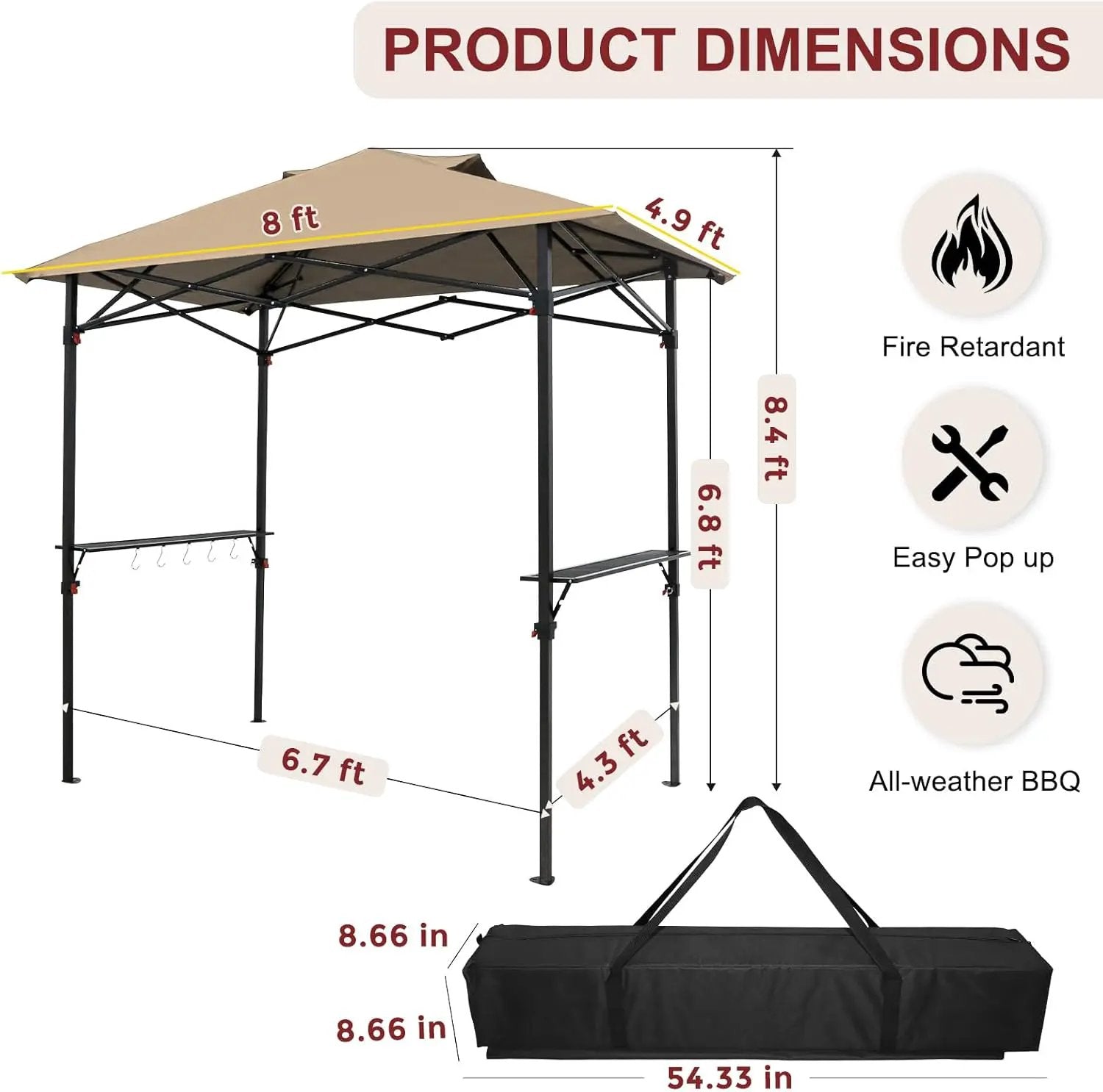 Outdoor Pop up Barbeque Grill Gazebo 8x5 with Carry Bag, Portable BBQ Canopy Tent with Handy Wired Shelf, Beige by GreenHaven Gardens