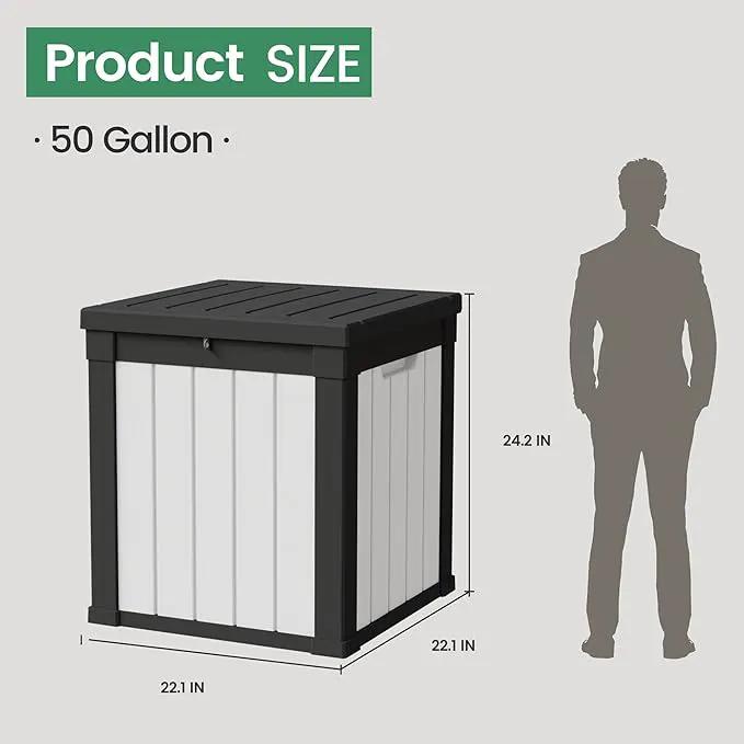 50 Gallon Storage Box, Waterproof Deck Box for Indoor & Outdoor Use, Lockable Pool Storage Bin for Package Delivery, Outdoor Bench for Patio Cushions, Garden Tools, Backyard, Black & White by GreenHaven Gardens