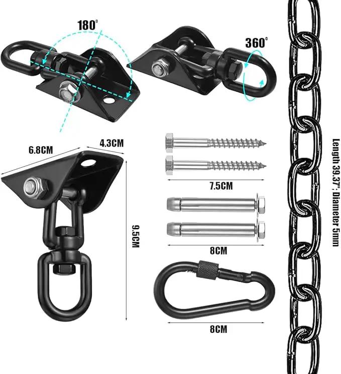 JACNITAD Hammock Chair Hanging Hardware Kit with Chain and Spring, Heavy Duty Porch Swing Hanger, 360 Swivel Ceiling Hooks for Punching Bag,Gym (Black) by GreenHaven Gardens