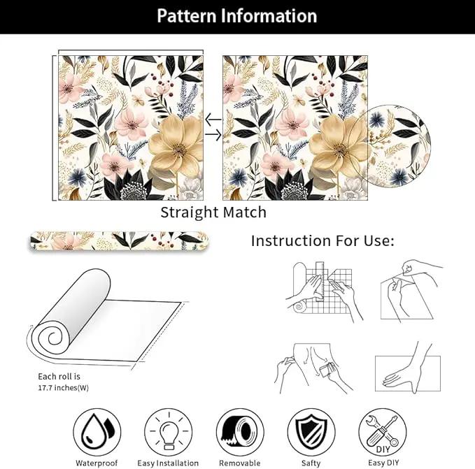 White/Pink/Gold Floral Garden Black Blue Flowers Vintage Peel and Stick Wallpaper Self Adhesive Removable Easy Peel Off Contact Paper Stick on Wall Paper for Bedroom Cabinet Renter Friendly by GreenHaven Gardens