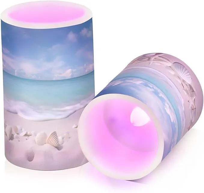 Flickering Flameless Candles, Starfishes Seashells Beach Blue Sky LED Candles with Remote Timer, Set of 2 Battery Operated Candle for Valentine Wedding Birthday by GreenHaven Gardens